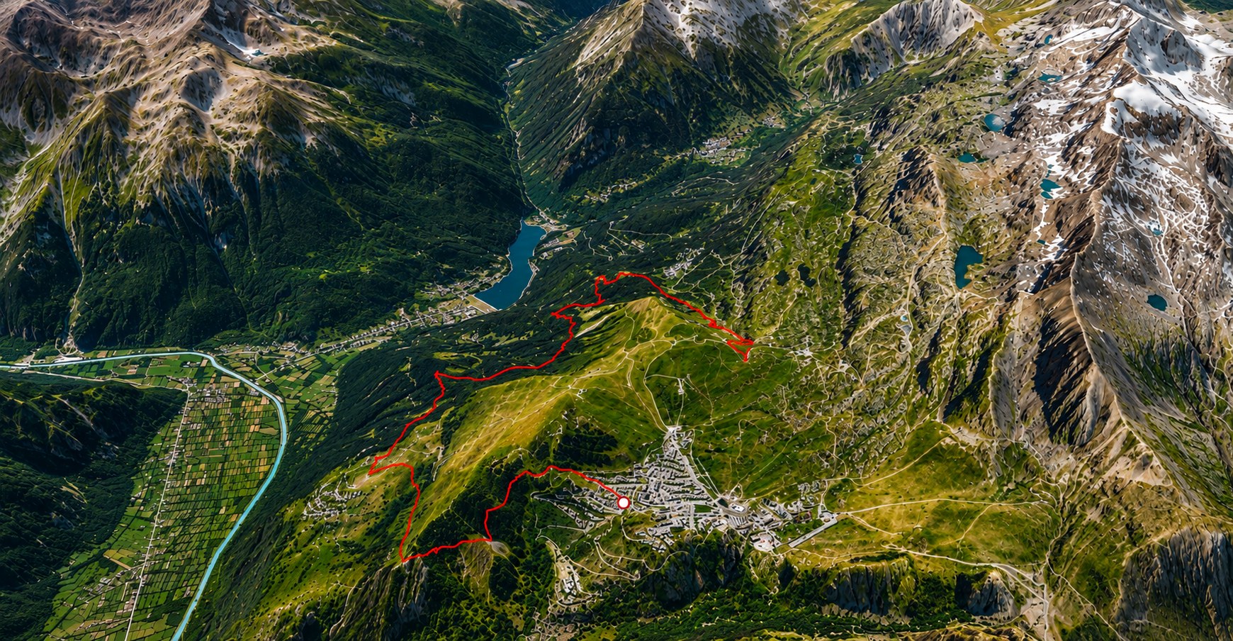 3D flyover render of a hiking trail traced in red over real satellite terrain, rendered by GPXdrone