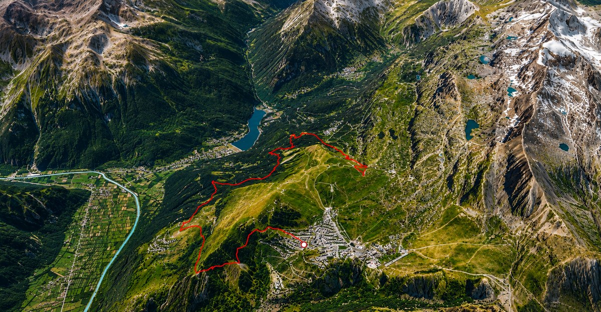 A GPX hiking track shown in 3D over real satellite terrain in the GPXdrone viewer